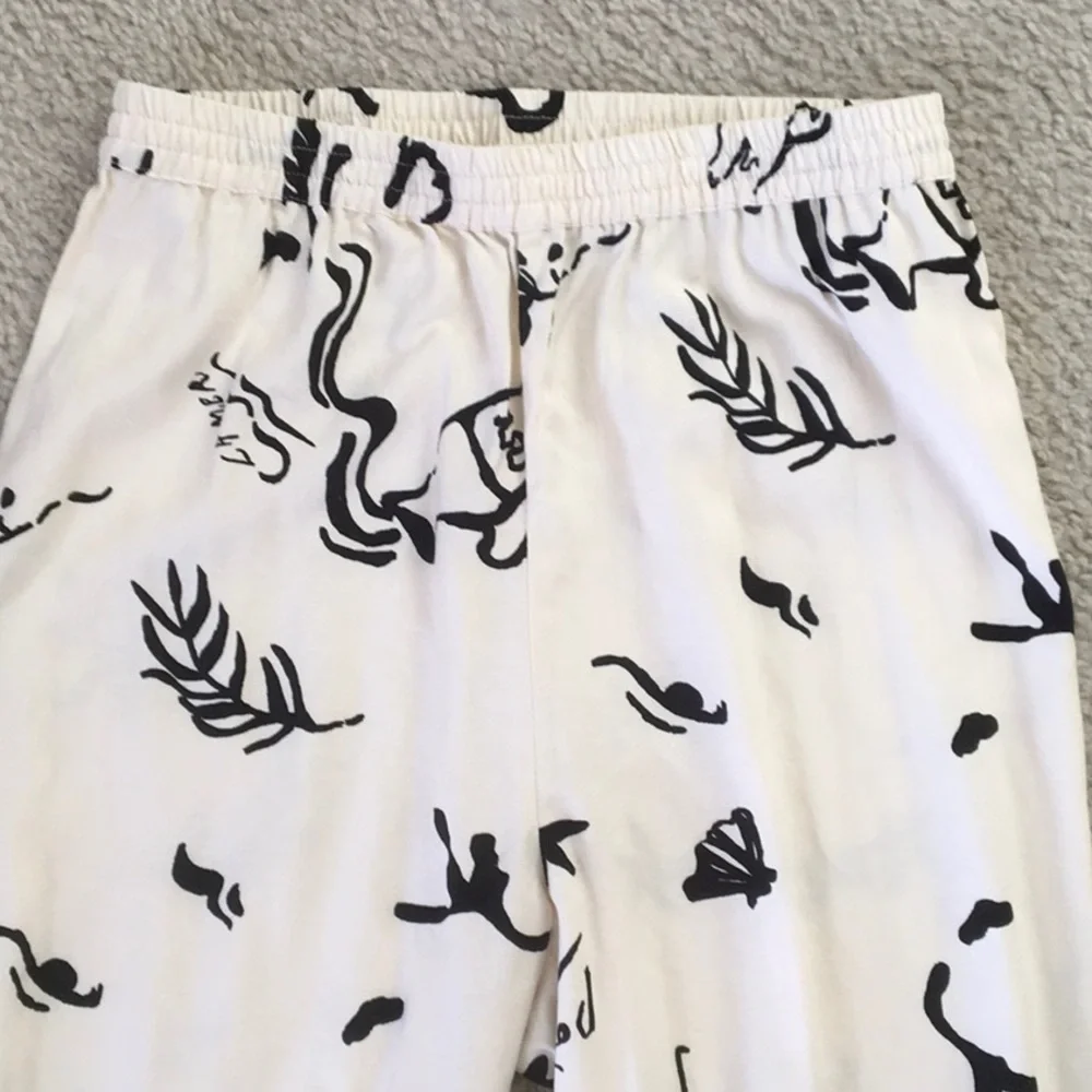 H&M/CREAMwBLACK LA MER BEACH PRINT WIDE LEG LINEN BLEND PANTS/NEW